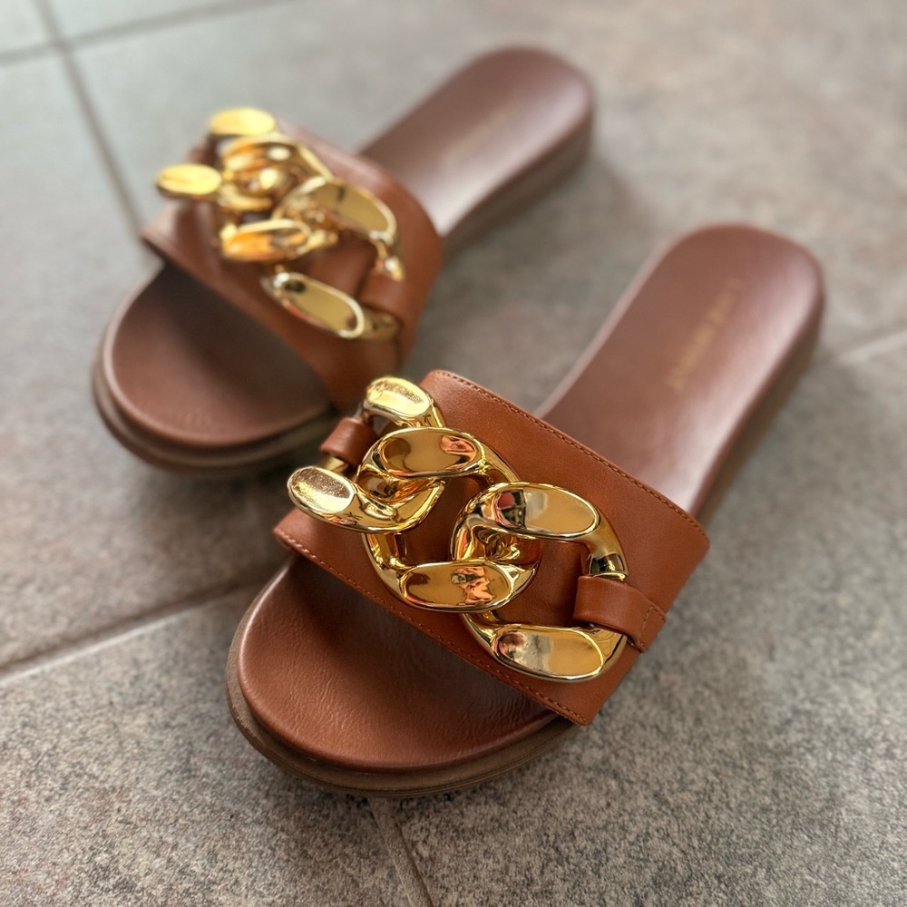 Lane Bryant Brown Gold Chunky Buckle Sandals Size 8